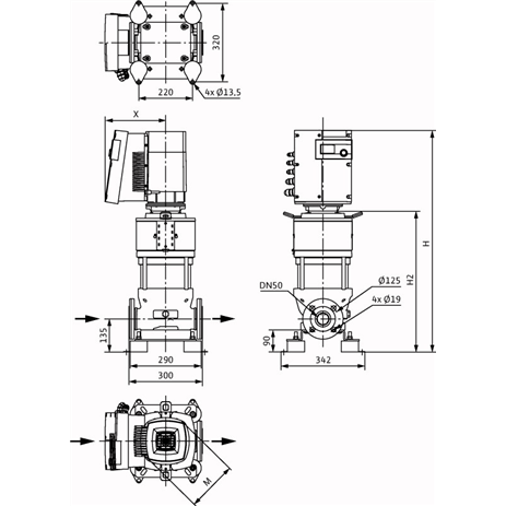 Габаритный чертеж насоса Wilo HELIX EXCEL 2203-6.5-2/16/V/KS