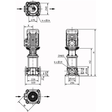 Габаритный чертеж насоса Wilo HELIX FIRST V 3607/2-5/25/E/KS/400-50