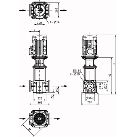 Габаритный чертеж насоса Wilo HELIX FIRST V 5208-5/25/E/KS/400-50