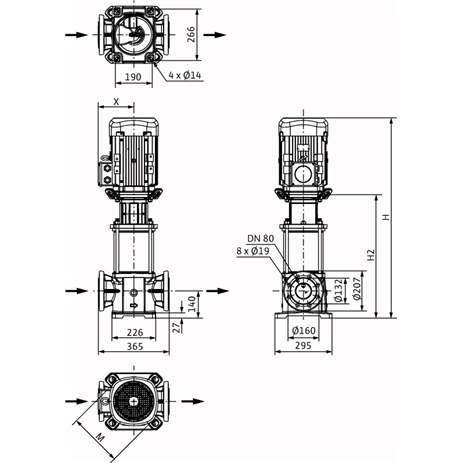 Габаритный чертеж насоса Wilo HELIX FIRST V 5208/2-5/25/E/KS/400-50