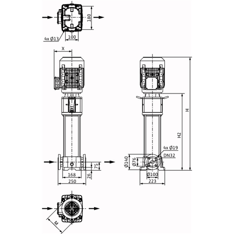 Габаритный чертеж насоса Wilo HELIX FIRST V 615-5/25/E/KS/400-50