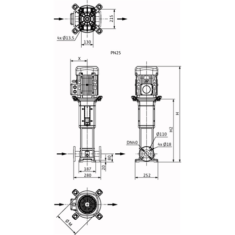 Габаритный чертеж насоса Wilo HELIX V 1001-2/25/V/KS/400-50