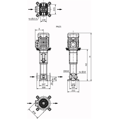 Габаритный чертеж насоса Wilo HELIX V 1601-2/25/V/KS/400-50