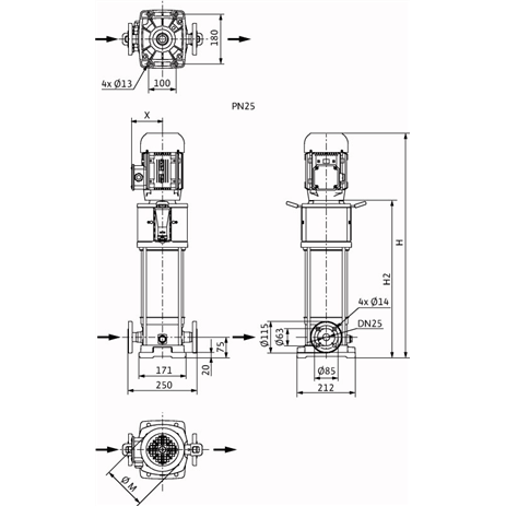 Габаритный чертеж насоса Wilo HELIX V 211-1/25/E/KS/400-50