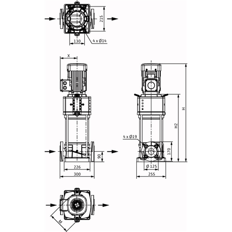 Габаритный чертеж насоса Wilo HELIX V 2208-1/25/E/KS/400-50