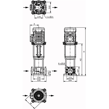 Габаритный чертеж насоса Wilo HELIX V 3610/2-1/25/E/KS/400-50