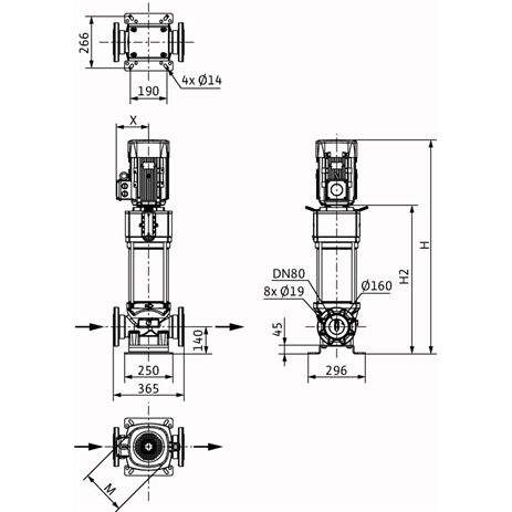 Габаритный чертеж насоса Wilo HELIX V 5205/2-2/25/V/KS/400-50