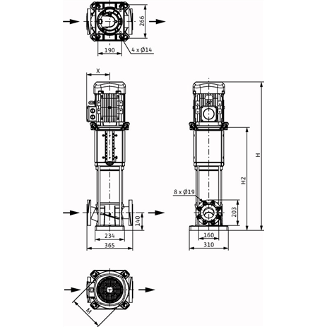 Габаритный чертеж насоса Wilo HELIX V 5207/2-1/25/E/KS/400-50