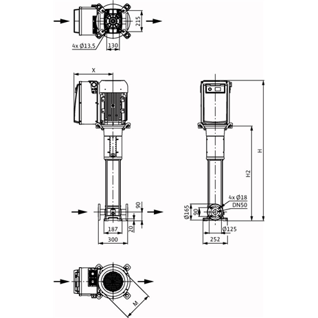 Габаритный чертеж насоса Wilo HELIX VE 1603-3.0-2/25/V/KS