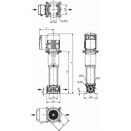 Габаритный чертеж насоса Wilo HELIX VE 3607-2/25/V/KS/2G