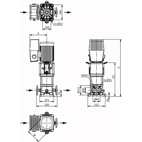 Габаритный чертеж насоса Wilo HELIX VE 405-1/25/E/KS/M13