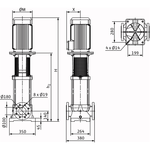 Габаритный чертеж насоса Wilo Multivert MVI 9503/2-3/16/E/3-400-50-2