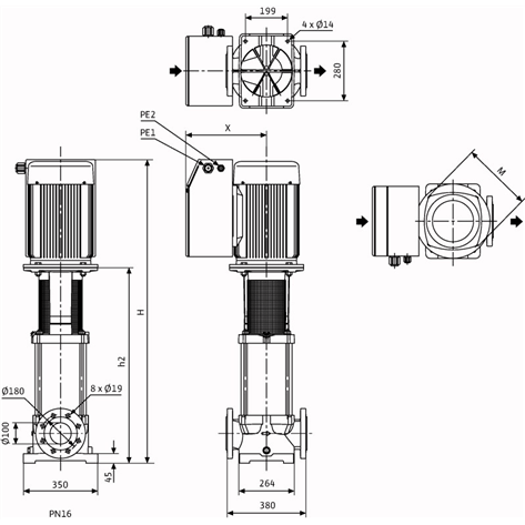 Габаритный чертеж насоса Wilo Multivert MVIE 9502/1-3/16/E/3-2-2G