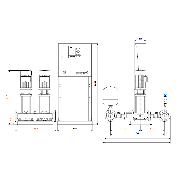 Насосная станция Grundfos Hydro MPC-E 2 CRE32-1 50/60Hz RUS артикул 98439470 – габаритный чертеж