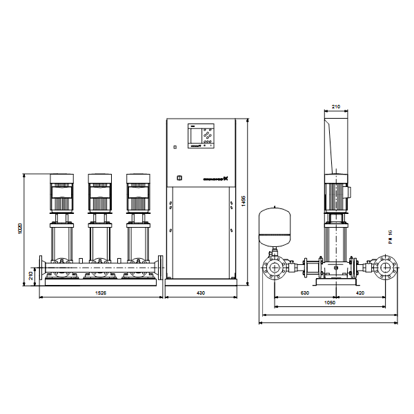 Насосная станция Grundfos Hydro MPC-E 3 CRE45-1-1 50/60Hz RUS артикул 98439491 – габаритный чертеж