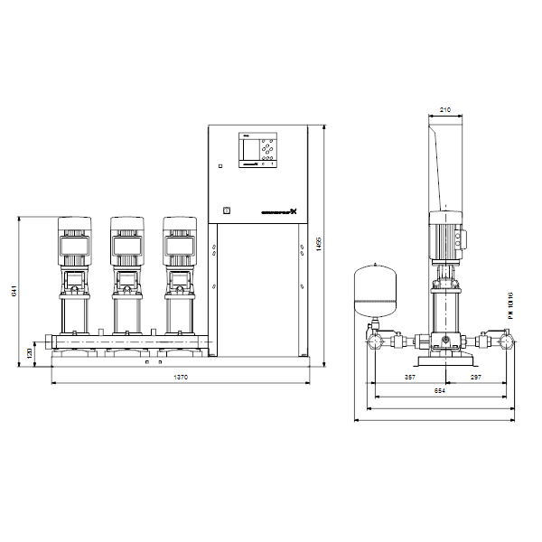Насосная станция Grundfos Hydro MPC-E 3 CRE5-4 50/60Hz RUS артикул 98423314 – габаритный чертеж
