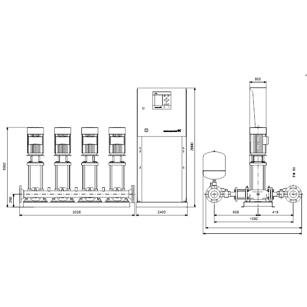 Насосная станция Grundfos Hydro MPC-E 4 CR64-3 50/60Hz RUS артикул 98439547 – габаритный чертеж