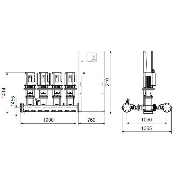 Насосная станция Grundfos Hydro MPC-E 4 CRE45-3 50/60Hz RUS артикул 98439510 – габаритный чертеж