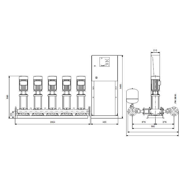 Насосная станция Grundfos Hydro MPC-E 5 CRE32-1-1 50/60Hz RUS артикул 98439468 – габаритный чертеж