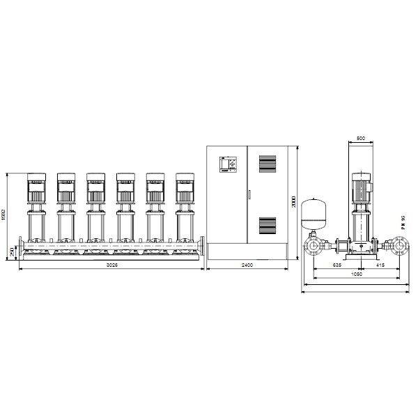 Насосная станция Grundfos Hydro MPC-E 6 CR64-3-1 50/60Hz RUS артикул 98439545 – габаритный чертеж