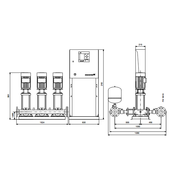 Насосная станция Grundfos HYDRO MPC-S 3 CR 45-1 артикул 95044853 – габаритный чертеж