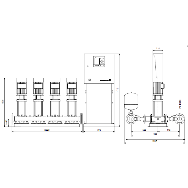 Насосная станция Grundfos HYDRO MPC-S 4 CR 32-3 артикул 95044828 – габаритный чертеж