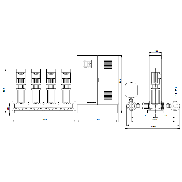 Насосная станция Grundfos HYDRO MPC-S 4 CR 64-4-2 артикул 95044895 – габаритный чертеж