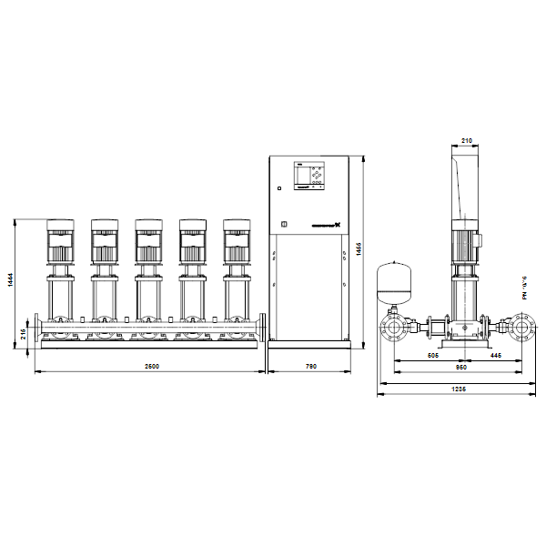 Насосная станция Grundfos HYDRO MPC-S 5 CR 32-5 артикул 95044837 – габаритный чертеж