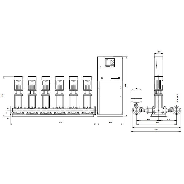 Насосная станция Grundfos HYDRO MPC-S 6 CR 10-3 артикул 95044751 – габаритный чертеж