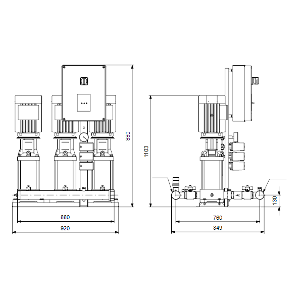 Насосная станция Grundfos Hydro Multi-S P 3CR15-7 3X400/50 DL артикул 95922797 – габаритный чертеж
