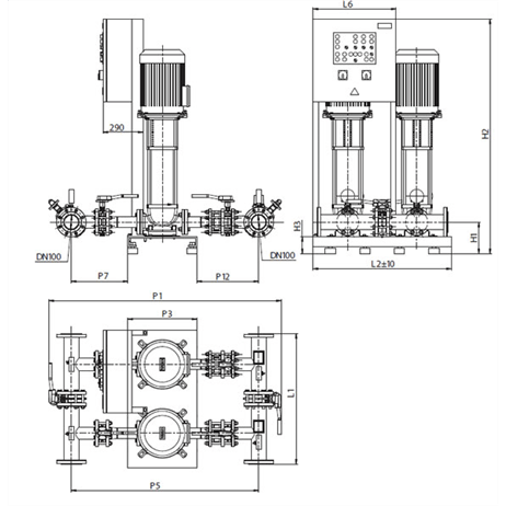 Габаритный чертеж насосной станции Wilo CO-2 HELIX V 3601/1/SK-FFS-D-EB-R