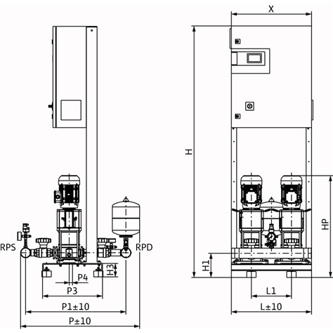 Габаритный чертеж насосной станции Wilo COR-2 HELIX V 1005/CC-EB-R