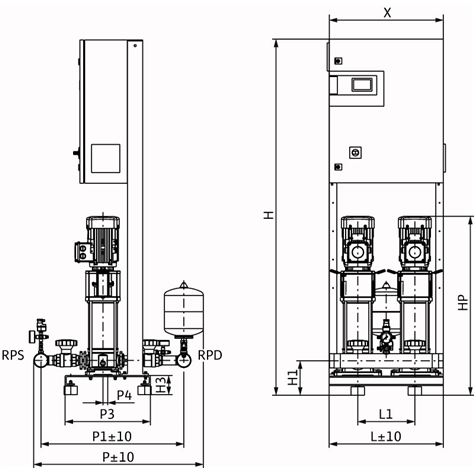 Габаритный чертеж насосной станции Wilo COR-2 HELIX V 1009/CC-EB-R