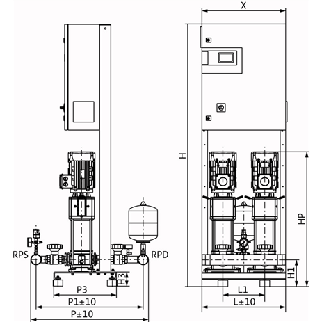 Габаритный чертеж насосной станции Wilo COR-2 HELIX V 1605/CC-EB-R