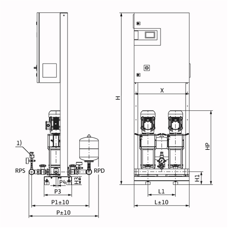 Габаритный чертеж насосной станции Wilo COR-2 HELIX V 606/CC-EB-R