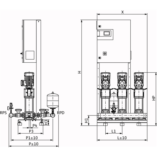 Габаритный чертеж насосной станции Wilo COR-3 HELIX V 1009/CC-EB-R