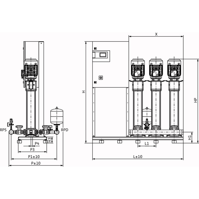 Габаритный чертеж насосной станции Wilo COR-3 HELIX V 1015/SKw-EB-PN25-R