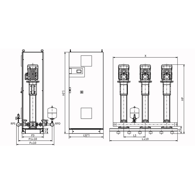Габаритный чертеж насосной станции Wilo COR-3 HELIX V 1611/SKw-EB-R