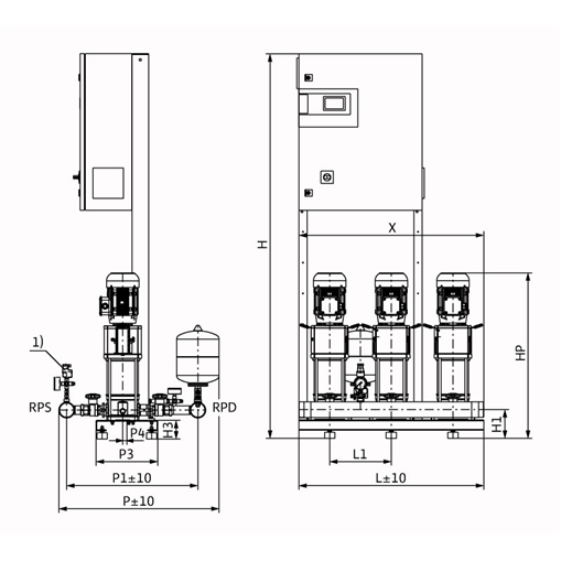 Габаритный чертеж насосной станции Wilo COR-3 HELIX V 608/CC-EB-R