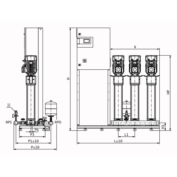 Габаритный чертеж насосной станции Wilo COR-3 HELIX V 613/CC-EB-R