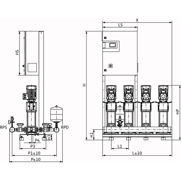 Габаритный чертеж насосной станции Wilo COR-4 HELIX V 1010/CC-EB-R