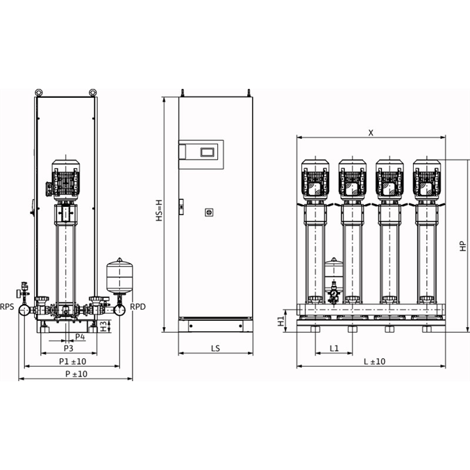 Габаритный чертеж насосной станции Wilo COR-4 HELIX V 1015/CC-EB-PN25-R