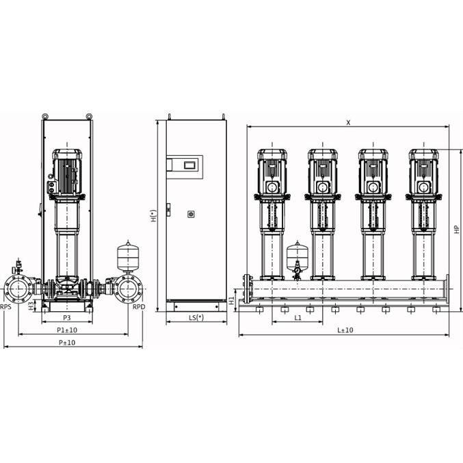 Габаритный чертеж насосной станции Wilo COR-4 HELIX V 3604/SKw-EB-R