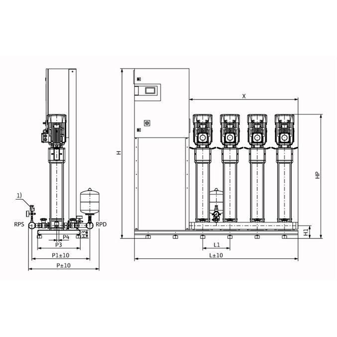 Габаритный чертеж насосной станции Wilo COR-4 HELIX V 613/CC-EB-R