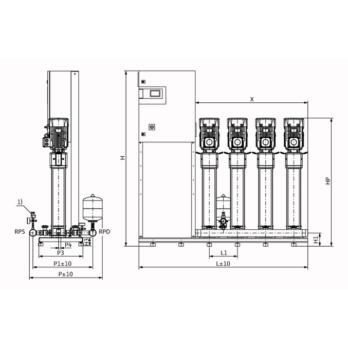 Габаритный чертеж насосной станции Wilo COR-4 HELIX V 614/CC-EB-R