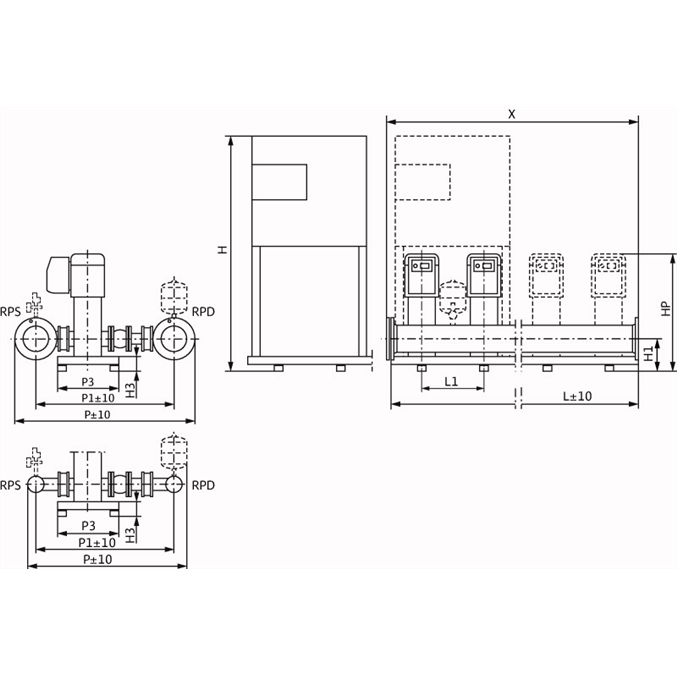 Габаритный чертеж насосной станции Wilo COR-4 MVIE 7004/2/VR-EB-R