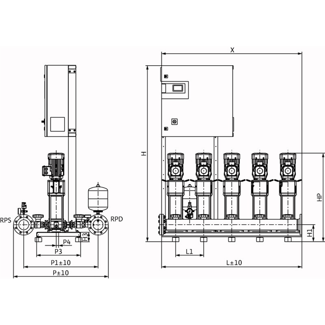 Габаритный чертеж насосной станции Wilo COR-5 HELIX V 1007/CC-EB-R