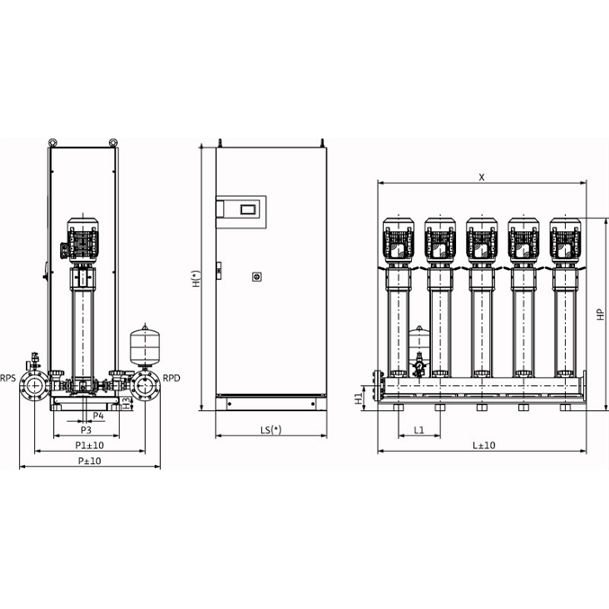 Габаритный чертеж насосной станции Wilo COR-5 HELIX V 1015/CC-EB-PN25-R