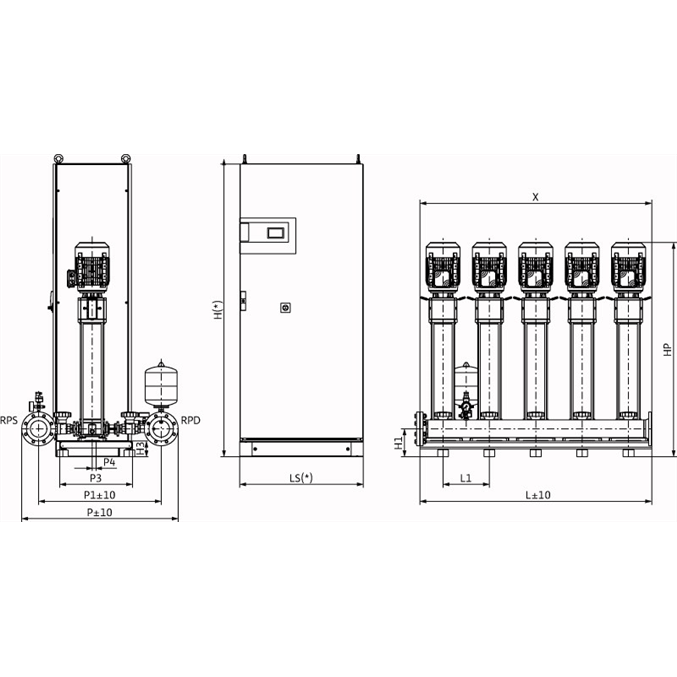 Габаритный чертеж насосной станции Wilo COR-5 HELIX V 1015/SKw-EB-PN25-R