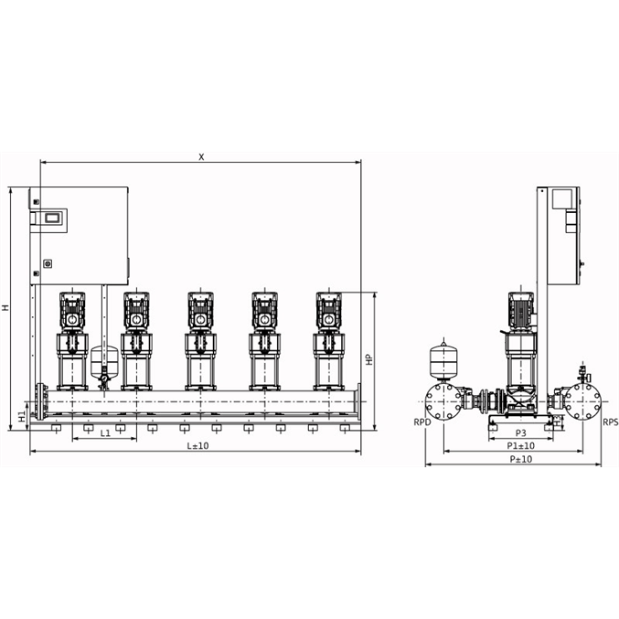 Габаритный чертеж насосной станции Wilo COR-5 HELIX V 3602/2/SKw-EB-R